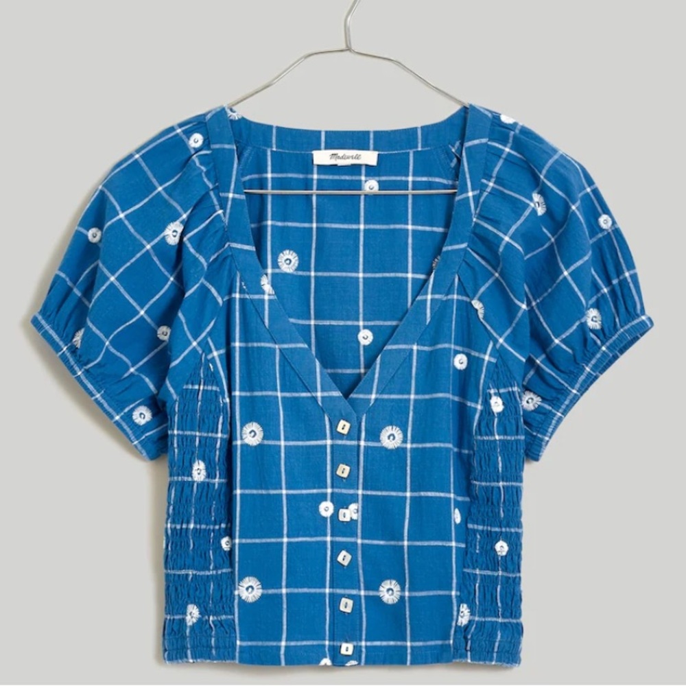 Embroidered Puff-Sleeve Crop Top in Windowpane